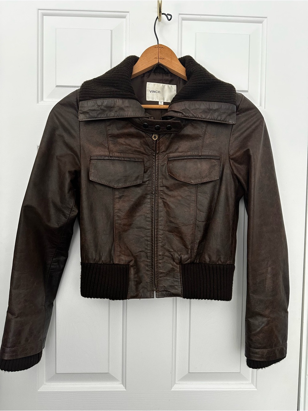 VINCE Womens Dark Brown Genuine Leather Bomber Jacket Coat Moto Sz 6